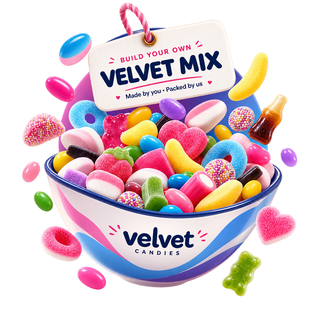 A branded Velvet Candies Pick n Mix bowl filled with assorted sweets