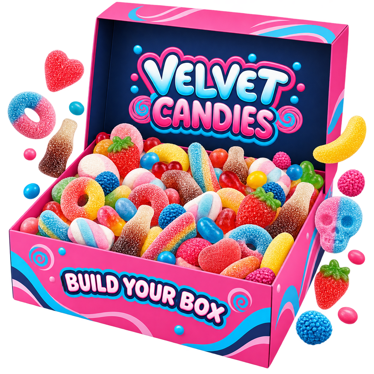 Open Velvet Candies Build Your Box gift box filled with colourful Swedish sweets