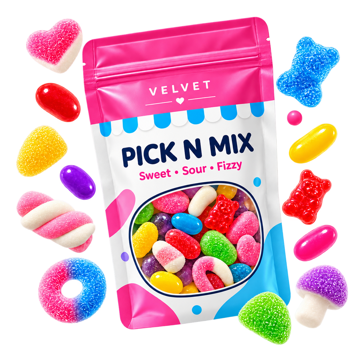Velvet Candies Pick n Mix pouch surrounded by colourful sweets